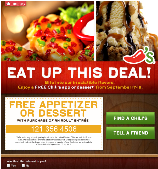 Chili's Free Appetizer or Dessert Printable Coupon