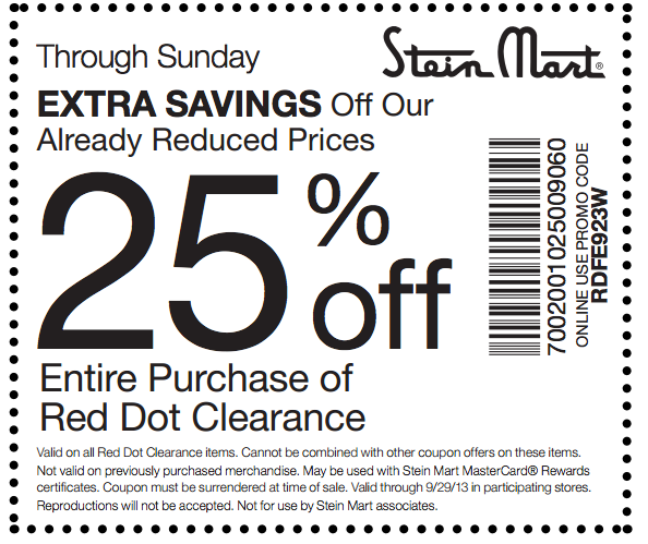 Stein Mart: 25% off Red Dot Clearance Printable Coupon