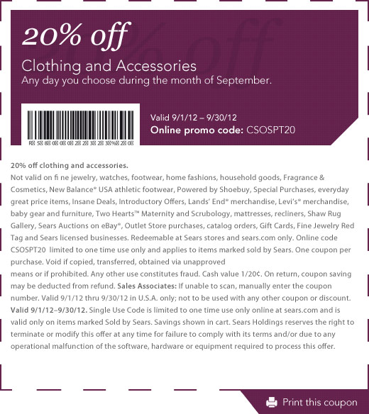 Sears: 20% off Clothing Printable Coupon