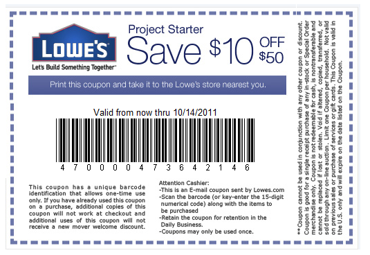 Lowes: $10 off $50 Printable Coupon