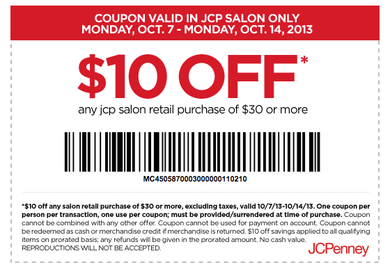 JCPenney Salon: $10 off $30 Printable Coupon