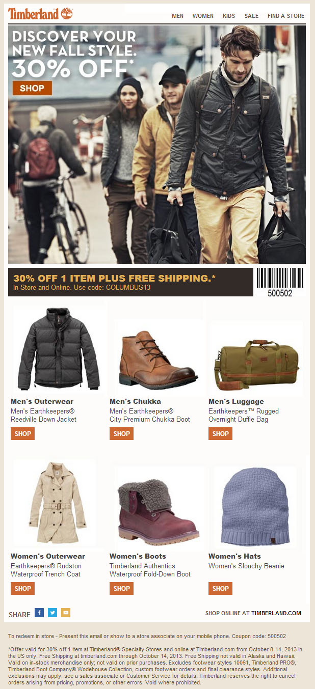 Timberland: 30% off Item Printable Coupon