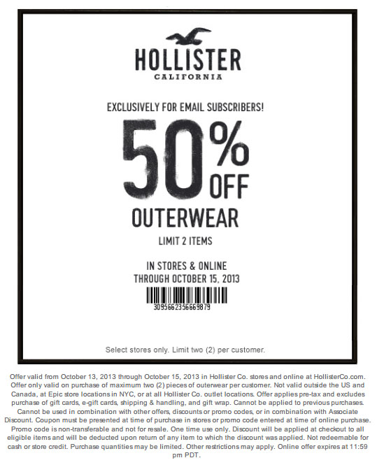 Hollister 50 off Outerwear Printable Coupon