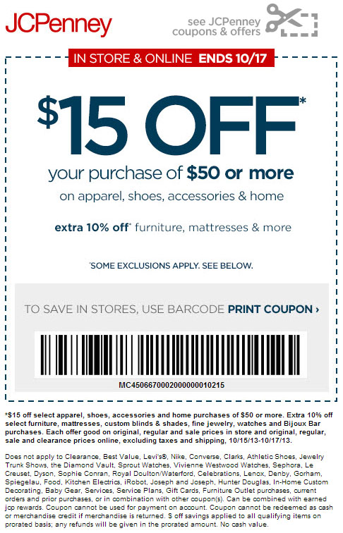 JCPenney: $15 off $50 Printable Coupon