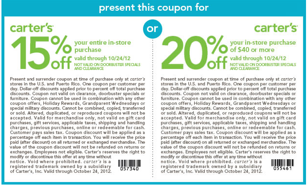 Carter's: 15%-20% off Printable Coupon