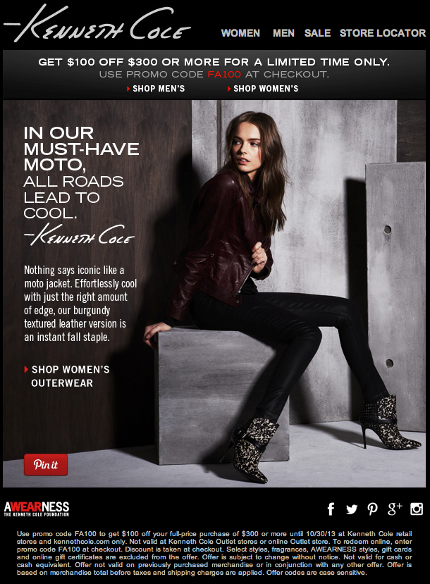 Kenneth Cole Promo Coupon Codes and Printable Coupons