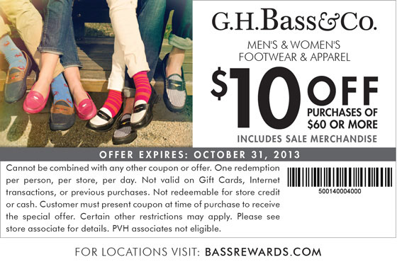 Bass: $10 off $60 Printable Coupon