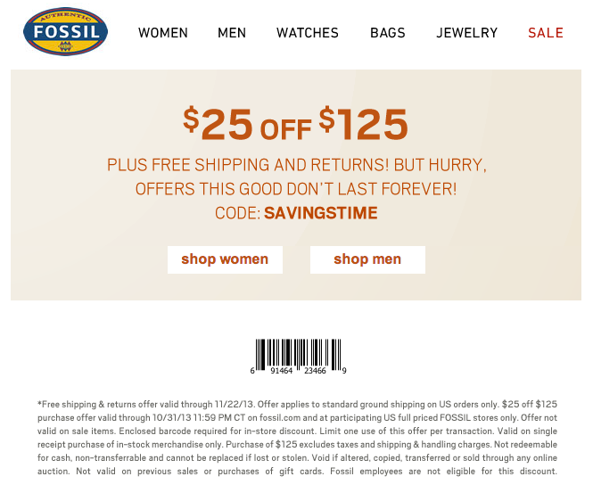 Fossil 25 off 125 Printable Coupon