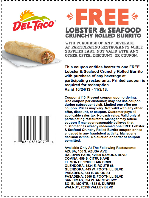 Del Taco Free Lobster Burrito Printable Coupon