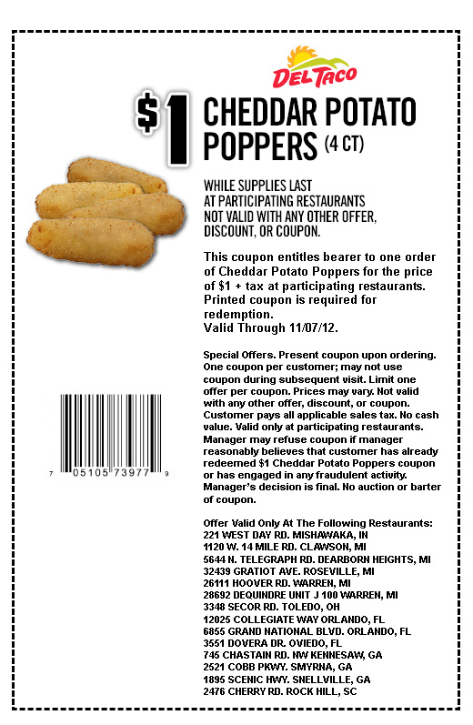 Del Taco 1 Cheddar Potato Poppers Printable Coupon