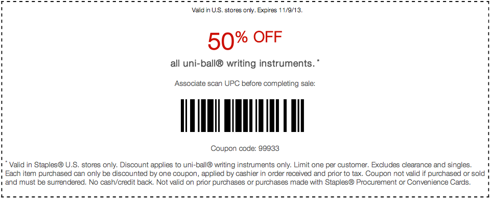 Staples: 50% off Writing Intsruments Printable Coupon