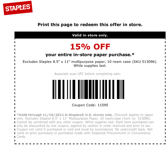 Staples: 15% off Paper Printable Coupon