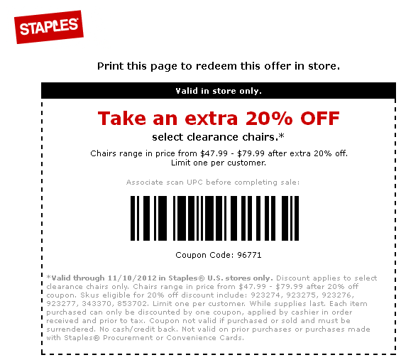 Staples: 20% off Clearance Chairs Printable Coupon