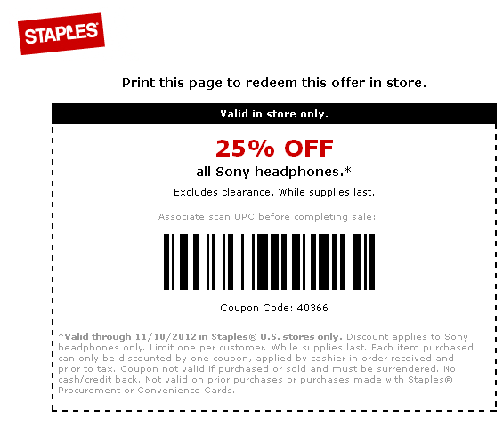 Staples: 25% off Sony Headphones Printable Coupon