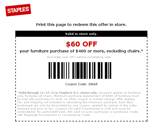 Staples: $60 off $400 Furniture Purchase Printable Coupon