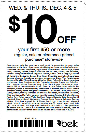 Belk: $10 off $50 Printable Coupon