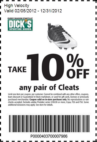 Dicks Sporting Goods 10 Off Cleats Printable Coupon 2128