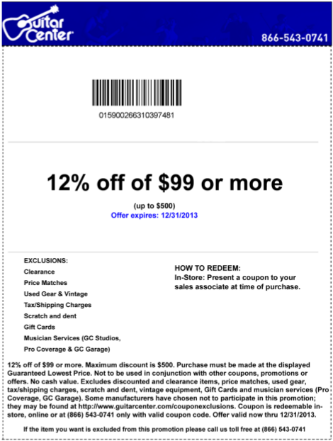 Guitar Center: 12% off $99 Printable Coupon