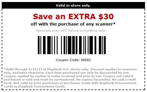 Staples: $30 off Scanner Printable Coupon