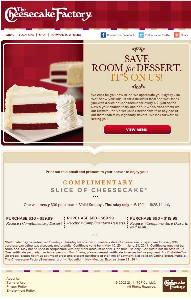 The Cheesecake Factory Promo Coupon Codes and Printable Coupons
