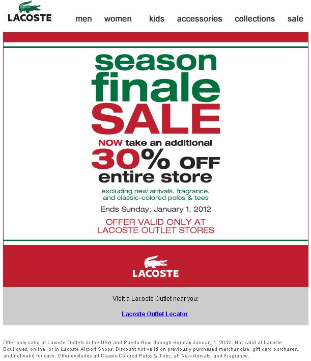 Lacoste: 30% off Outlet Printable Coupon