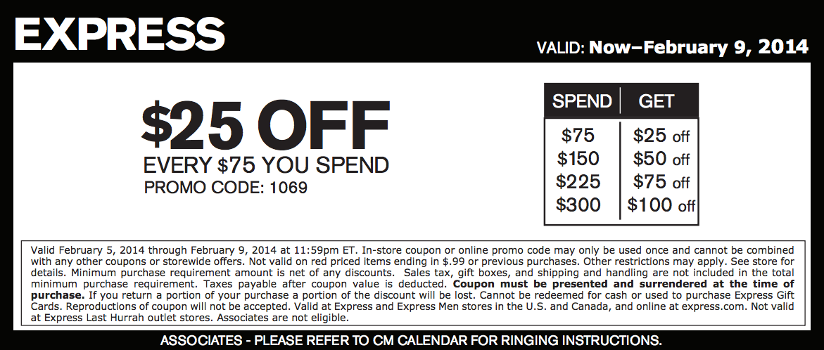 Express: $25 off $75 Printable Coupon