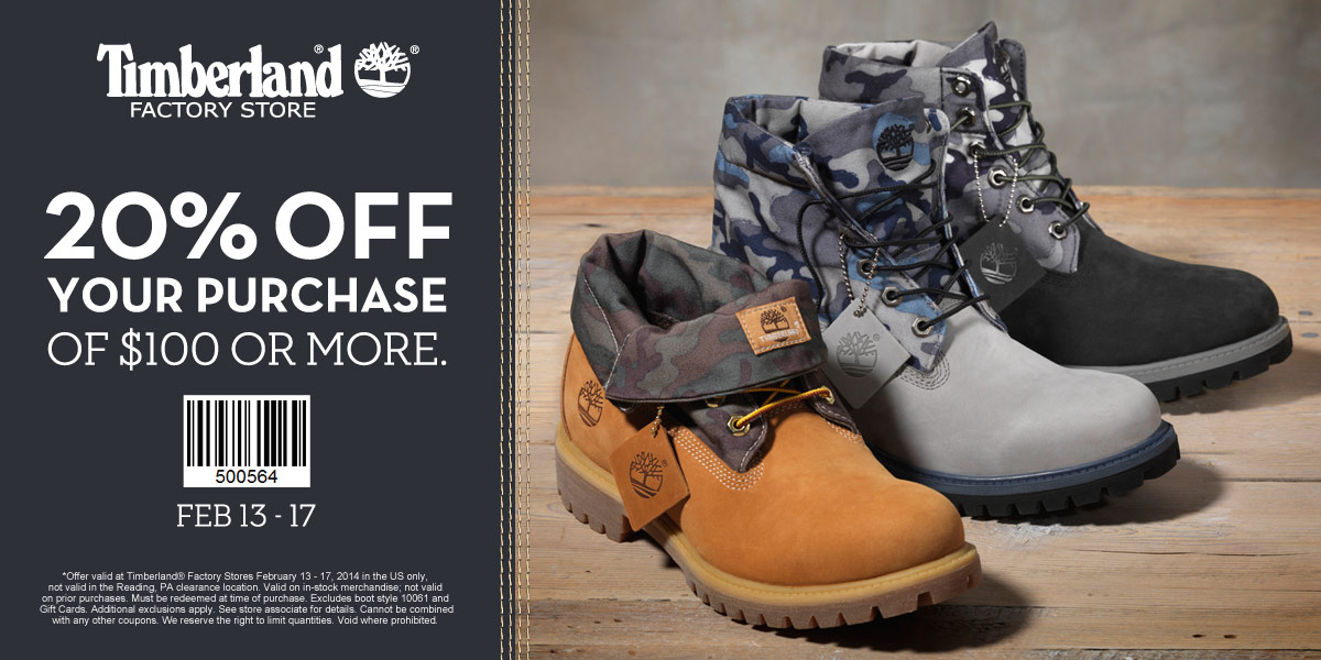 Timberland Factory Store: 20% off $100 Printable Coupon