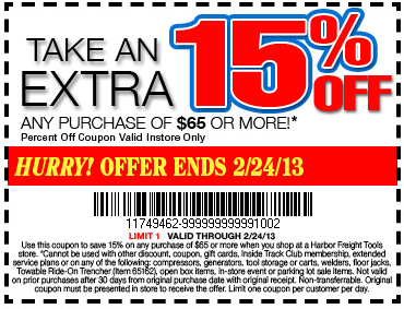 Harbor Freight Tools: 15% off $65 Printable Coupon