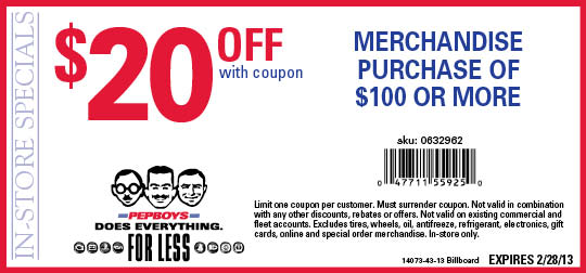 Pep Boys: $20 off $100 Printable Coupon