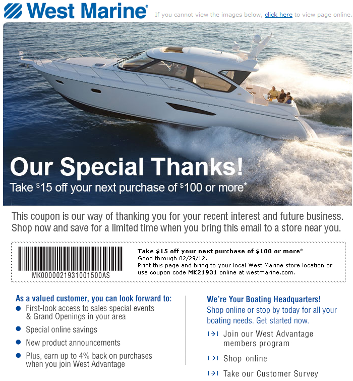 West Marine: $15 off $100 Printable Coupon