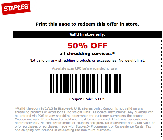 Staples: 50% off Shredding Services Printable Coupon