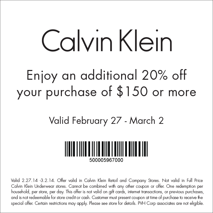 Calvin Klein: 20% off $150 Printable Coupon