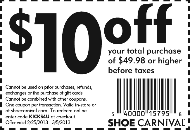 Shoe Carnival: $10 off $49.98 Printable Coupon