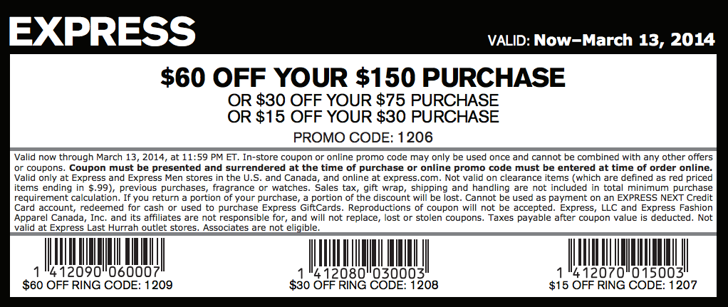Express: $15-$60 off Printable Coupon