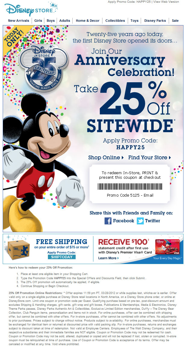Disney Store: 25% off Printable Coupon