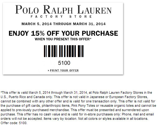 03 31 2014 Ralph Lauren Factory Store 15 Off Printable Coupon 