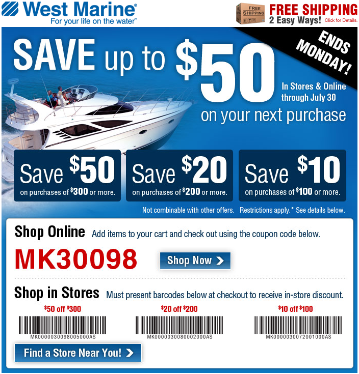 West Marine: $10-$50 off Printable Coupon
