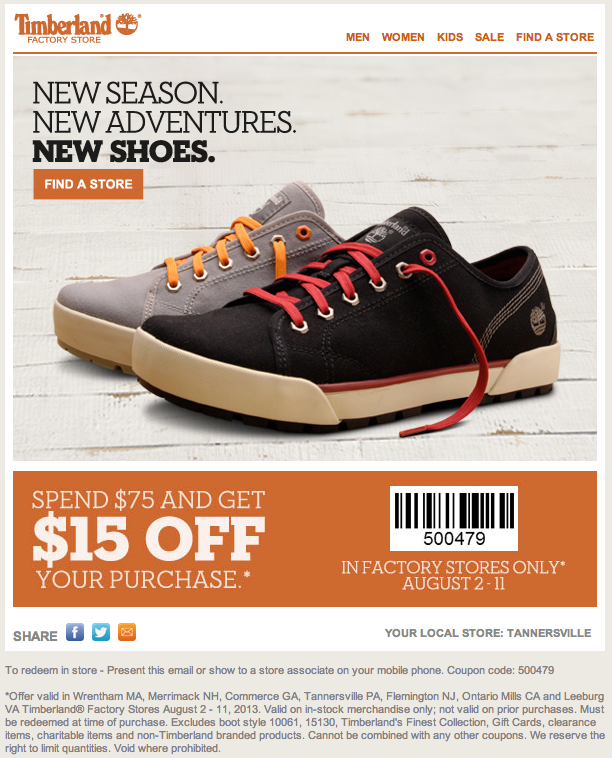 Timberland Factory: $15 off $75 