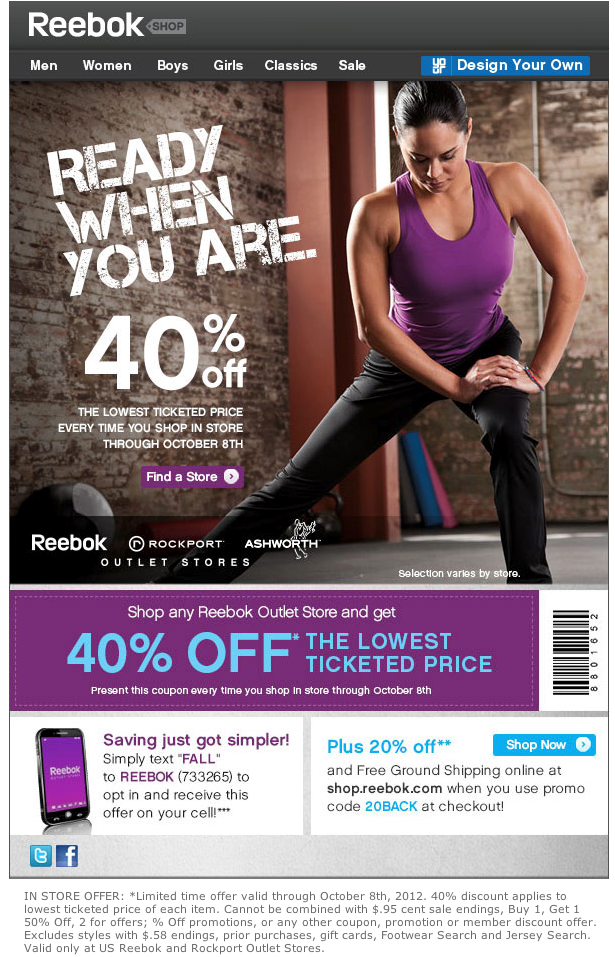 Reebok Outlet: 40% off Printable Coupon