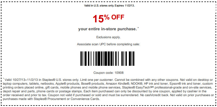 Staples: 15% off Printable Coupon